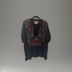 Boho Fun Johnny Was‎ Biya Navy Embroidered Long Guaze Tunic Top Size Large